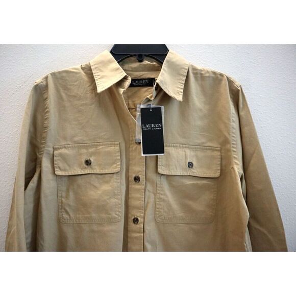 Lauren Ralph Lauren Women Sz M Tan Leather Patch Featherweight Twill Shirt - Picture 3 of 12